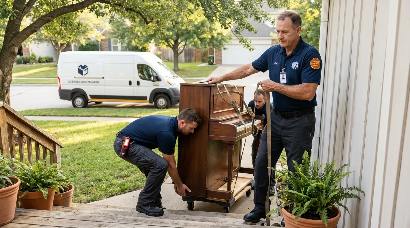 Licensed piano movers securing grand piano in Bound Brook, NJ