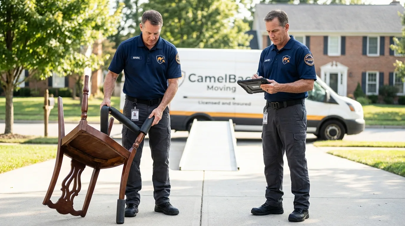 Movers inspecting furniture for damage prevention before loading in Bound Brook, NJ